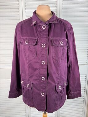 CJ Banks Utility Jacket 1X Purple Stretch Cotton Snap Button Plus Size